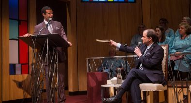 Associate Pastor Joshua (Lance Gardner*) and Pastor Paul (Anthony Fusco*) debate their differing interpretations of scripture.