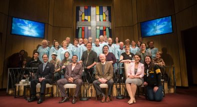The cast and crew of 'The Christians' with the First Unitarian Universalist Society of San Francisco Choir.