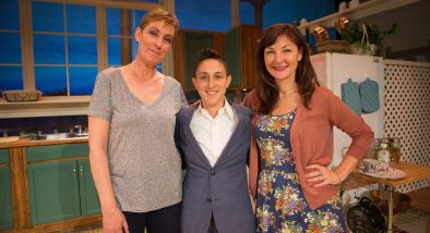 Julia Brothers (Robyn), Director Becca Wolff, and Susi Damilano (Sharon) pose for a photo on the set of "The Roommate" at San Francisco Playhouse.