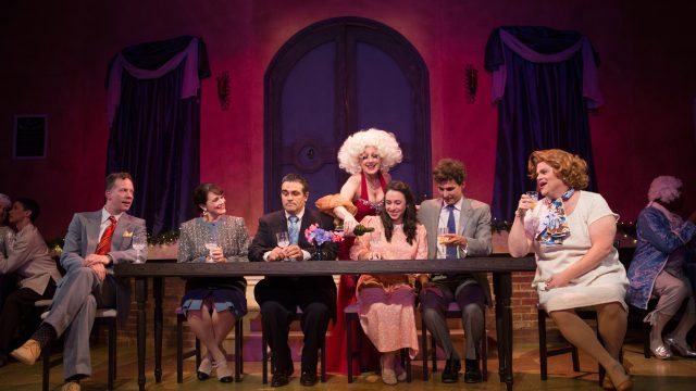 Georges (Ryan Drummond), Albin (John Treacy Egan*), Jean-Michel (Nikita Burshteyn), Anne (Samantha Rose), Edouard Dindon (Christopher Reber*) and Marie Dindon (Adrienne Herro) dine at Jacqueline (Lee Ann Payne*)'s restaurant.