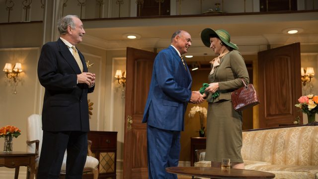 Harry Brock (Michael Torres*, center) greets Mrs. Hedges (Terry Bamberger, right) and Senator Norval Hedges (Louis Parnell*, left).