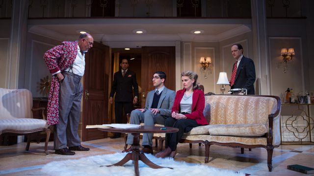 Harry Brock (Michael Torres*) and Eddie Brock (Gabriel Montoya) threaten Billie Dawn (Millie Brooks*) and Paul Verrall (Jason Kapoor*) as Ed Devery (Anthony Fusco*) looks on.