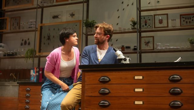 Jeff (Lucas Verbrugghe, left) shows Lindsay (Jessica Lynn Carroll) his office at the museum.