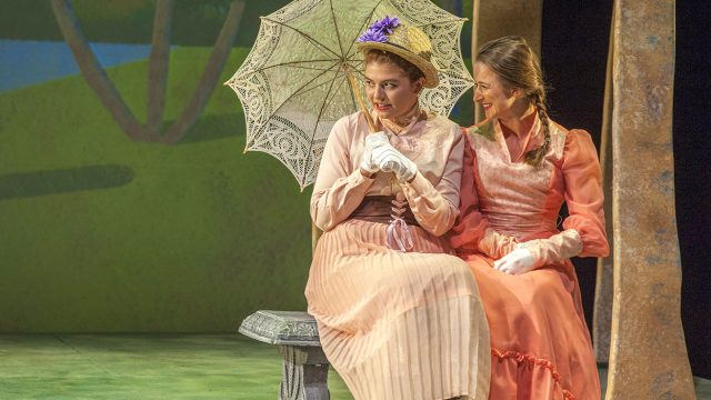 Two best friends Celeste 1 (Emily Radosevich) and Celeste 2 (Corrie Farbstein) observe George and Dot on the Île de la Grande Jatte.