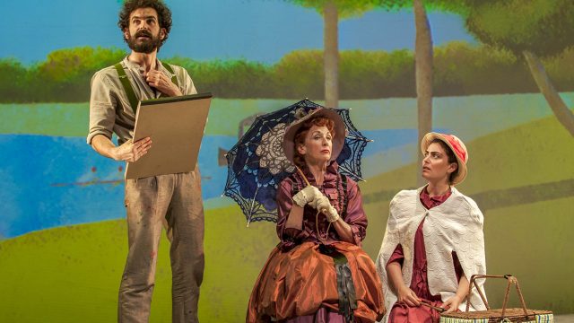 George (John Bambery*), the Old Lady (Maureen McVerry*), and the Nurse (Michelle Drexler) at the Île de la Grande Jatte.