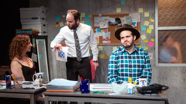 An irate Giorgio (Cole Alexander Smith*, center) lambastes Kate (Jessica Bates*) and Mark (Vincent Randazzo*) for making a proofreading error. Photo by Jessica Palopoli.