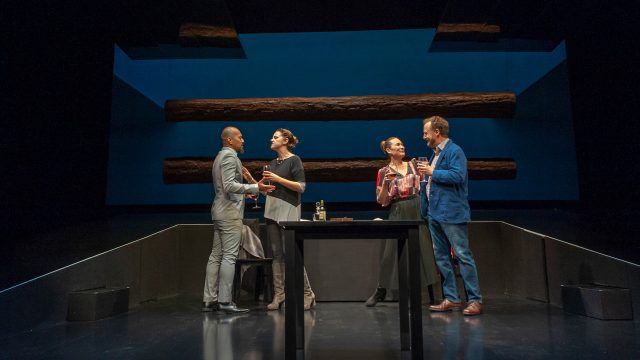 Daniel (Jomar Tagatac*), Lindsey (Katie Rubin*), Samantha (Charisse Loriaux*), and Ben (Cassidy Brown*) in 'You Mean to Do Me Harm' at San Francisco Playhouse.