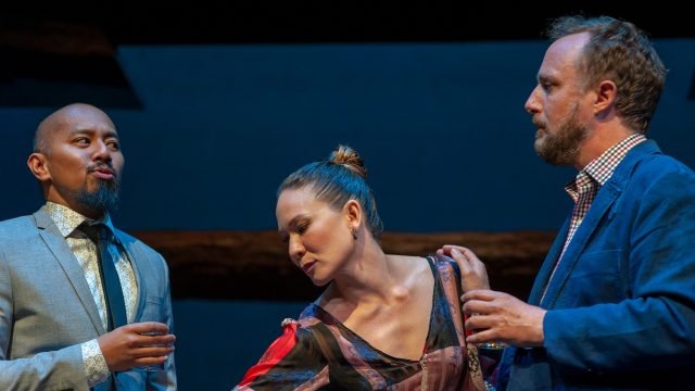 Daniel (Jomar Tagatac*), Samantha (Charisse Loriaux*), and Ben (Cassidy Brown*) in 'You Mean to Do Me Harm' at San Francisco Playhouse.