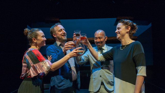Samantha (Charisse Loriaux*), Ben (Cassidy Brown*), Daniel (Jomar Tagatac*), and Lindsey (Katie Rubin*) in 'You Mean to Do Me Harm' at San Francisco Playhouse.