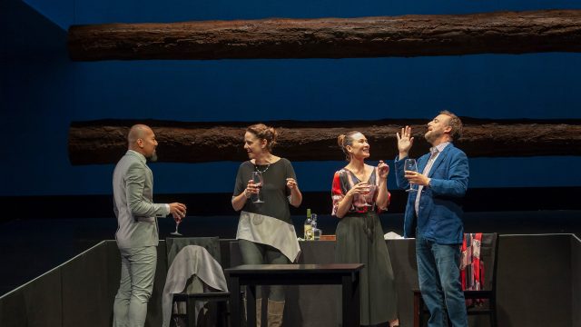 Daniel (Jomar Tagatac*), Lindsey (Katie Rubin*), Samantha (Charisse Loriaux*), and Ben (Cassidy Brown*) in 'You Mean to Do Me Harm' at San Francisco Playhouse.