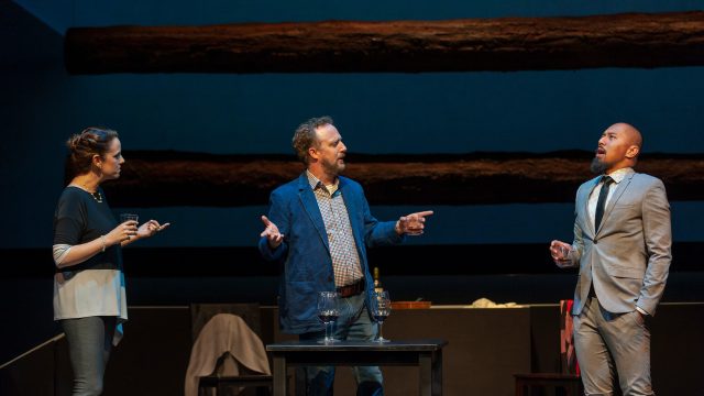 Lindsey (Katie Rubin*), Ben (Cassidy Brown*) and Daniel (Jomar Tagatac*) in 'You Mean to Do Me Harm' at San Francisco Playhouse.
