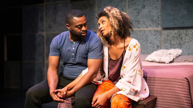 Kane (Rondrell McCormick*) and Janelle (Sam Jackson) discuss their future in 'graveyard shift' at the Creativity Theater, presented by San Francisco Playhouse.