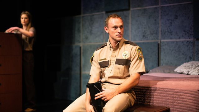 Elise (Amanda Farbstein) and Brian (Max Carpenter*) in 'graveyard shift' at the Creativity Theater, presented by San Francisco Playhouse.