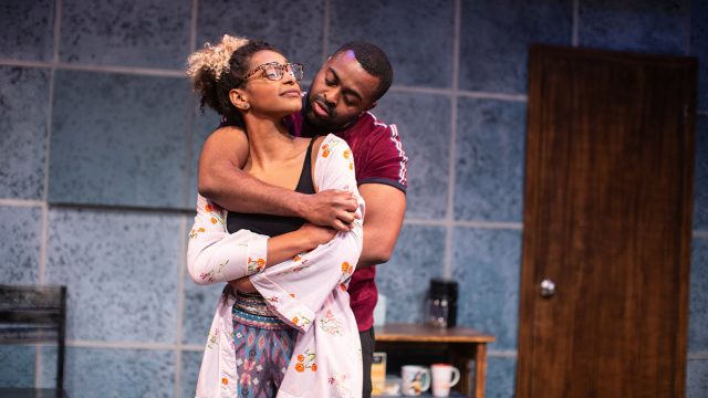 Janelle (Sam Jackson) and Kane (Rondrell McCormick*) in 'graveyard shift' at the Creativity Theater, presented by San Francisco Playhouse.