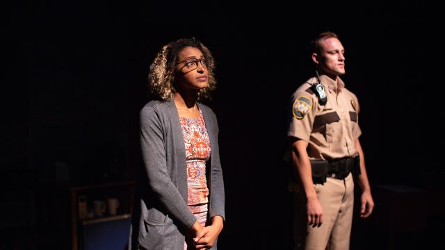 Janelle (Sam Jackson) and Brian (Max Carpenter) in 'graveyard shift' at the Creativity Theater, presented by San Francisco Playhouse.