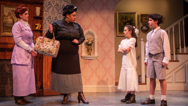 Miss Andrew (Katrina Lauren McGraw*, center) meets the Banks family (Abby Haug*, Ruth Keith, and David Rukin).