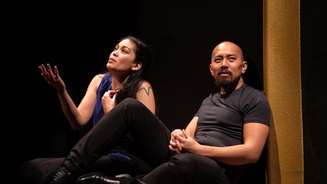 Actor 2 (Rinabeth Apostol*) and Actor 1 (Jomar Tagatac*) practice their pronunciation during a break in 'King of the Yees' at San Francisco Playhouse.