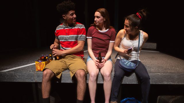 Gabe (Davied Morales), Blaze (Isabel Langen), and Rowena (Neiry Rojo) ponder their futures in 'A White Girl's Guide to International Terrorism'.
