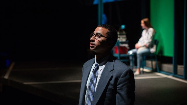 Agent Salem (Mohammad Shehata*) seeks information on Blaze (Isabel Langen) in 'A White Girl's Guide to International Terrorism'.