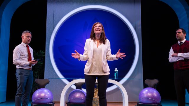 Joan (Susi Damilano*) motivates her Jojomon employees Fred (Ryan Morales, left) and Raj (Bobak Cyrus Bakhtiari*) with her inspiring plan.