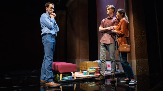 Jordan (Kyle Cameron*, left) meets Laura's (Ruibo Qian*) new boyfriend, Tony (August Browning), for the first time.