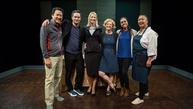 The cast of 'The Fit' with playwright Carey Perloff ((l-r: Jeff Kim, Johnny Moreno*, Arwen Anderson*, Carey Perloff, Avanthika Srinivasan*, Michelle Talgarow*).