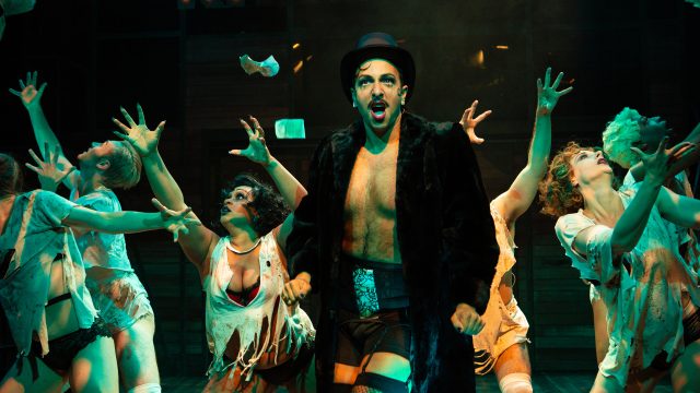 The Master of Ceremonies (John Paul Gonzalez) performs with the Kit Kat Dancers in 'Cabaret' at San Francisco Playhouse.