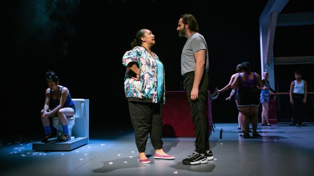 Dance Teacher Pat (Liam Robertson) gets scolded by a student's mother (Michelle Talgarow).