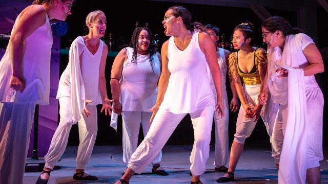 The dance team (L-R: Ash Malloy, Julia Brothers, Indiia Wilmott, Lauren Spencer, Bryan Munar, Krystle Piamonte, Mohana Rajagopal) performs.