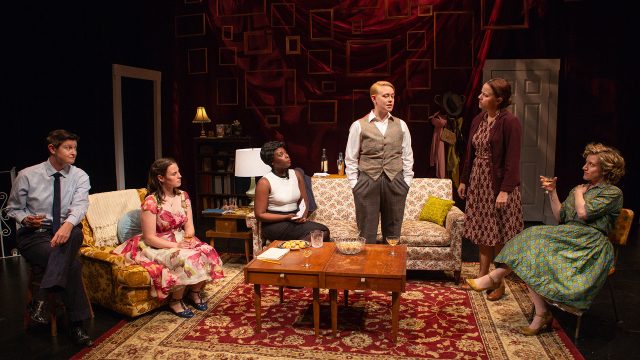 The Daughters of Bilitis conduct their first meeting. L-R: Griff (Molly Shaiken), Evelyn (Olivia Levine), Vivian (Jeunée Simon), Shorty (Em Lee Reaves), Mal (Katie Rubin), and Peggy (Erin Anderson).