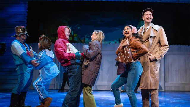The residents of Punxsutawney, PA, are excited about Groundhog Day. Featuring (l-r): Michael Motroni, Danielle Philapil, Cameron La Brie, Larissa Kelloway, Sophia Introna*, and Dean Linnard*.