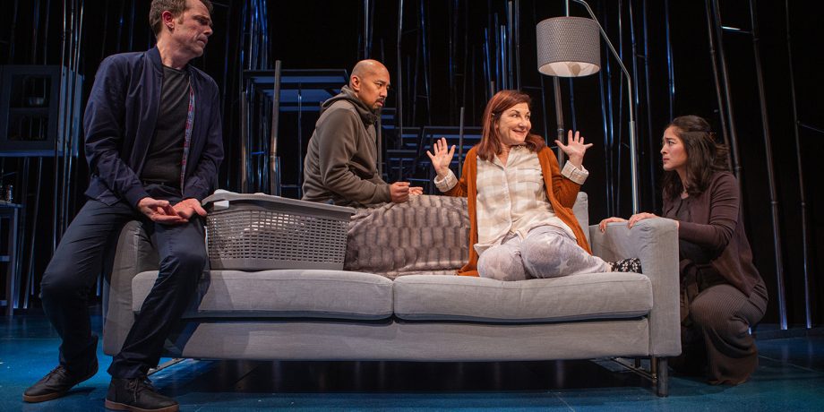 Letter Writer #1 (Mark Anderson Phillips), Letter Writer #3, Sugar (Susi Damilano), and Letter Writer #2 (Kina Kantor) share a moment in 'Tiny Beautiful Things' at San Francisco Playhouse.