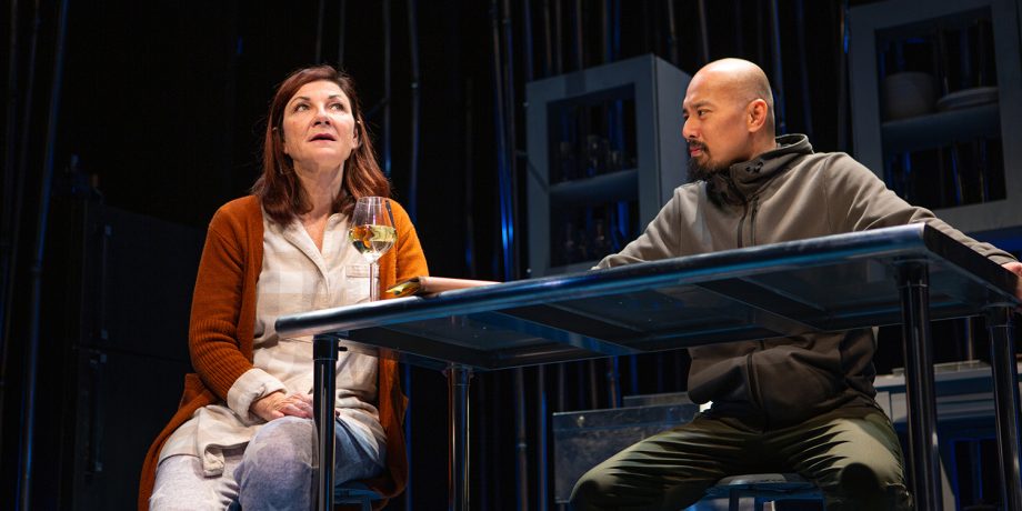 Sugar (Susi Damilano) dispenses advice to Letter Writer #3's (Jomar Tagatac) in 'Tiny Beautiful Things' at San Francisco Playhouse.