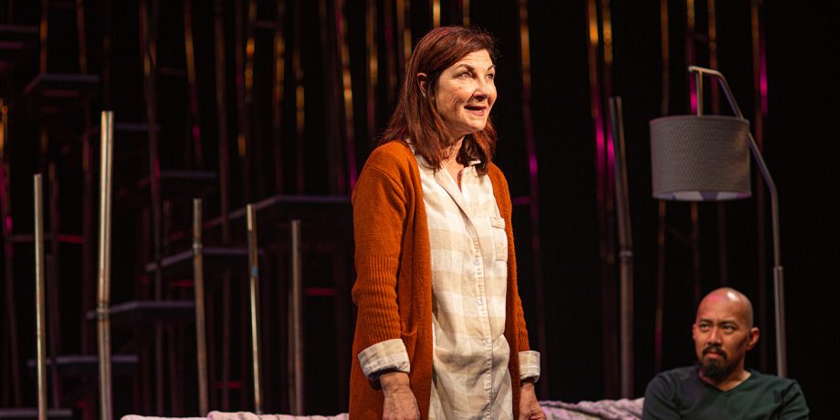 Sugar (Susi Damilano) gives advice as part of her online advice column in 'Tiny Beautiful Things' at San Francisco Playhouse.