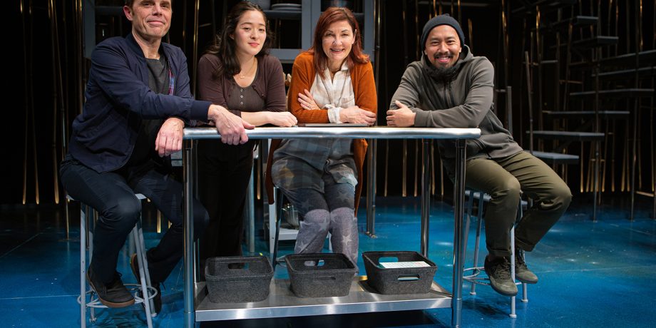 The cast of 'Tiny Beautiful Things' at San Francisco Playhouse: Letter Writer #1 (Mark Anderson Phillips), Letter Writer #2 (Kina Kantor), Sugar (Susi Damilano), and Letter Writer #3 (Jomar Tagatac).
