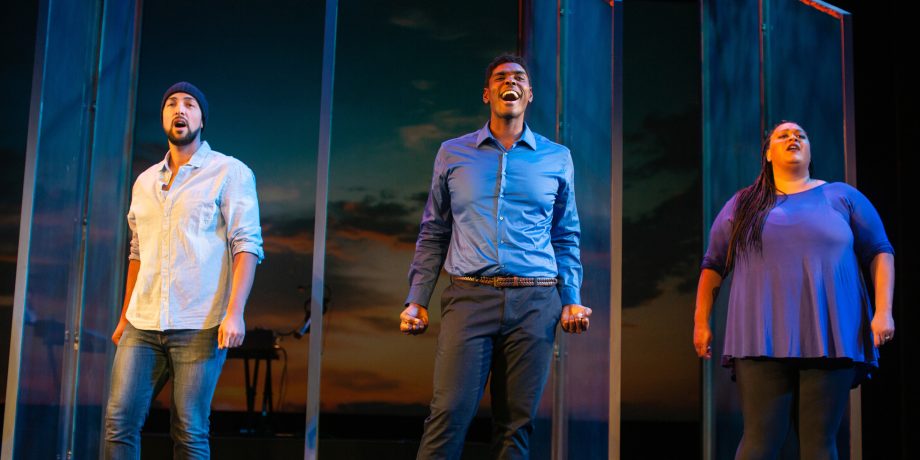 John Paul Gonzalez, Rodney Earl Jackson Jr., and Katrina Lauren McGraw in 'Songs for a New World' at San Francisco Playhouse.