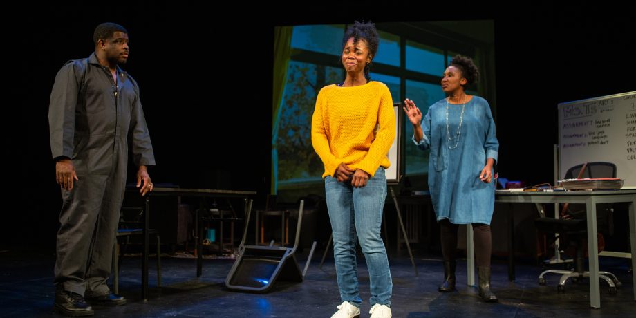 Ernest (Khary L. Moye*, left) and Ms. T. (Safiya Fredericks*, right) argue over how best to help Davis (Jamella Cross*).