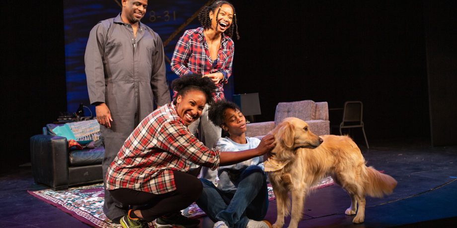 Khary L. Moye*, Anna Marie Sharpe, Safiya Fredericks*, Jamella Cross*, and Emi the theatre dog.