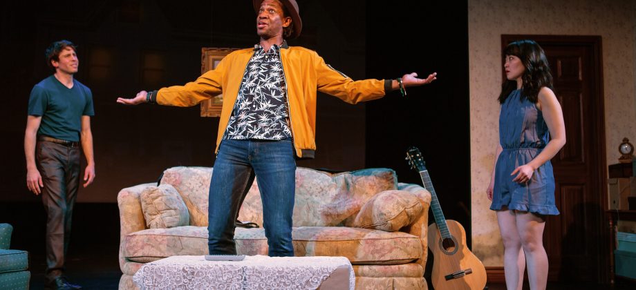 Joe (Reggie D. White*, center) implores Robbie (Jeremy Kahn*) and Tina (Monica Ho*) to get Robbie back on tour. The Song of Summer at San Francisco Playhouse - Photo by Jessica Palopoli