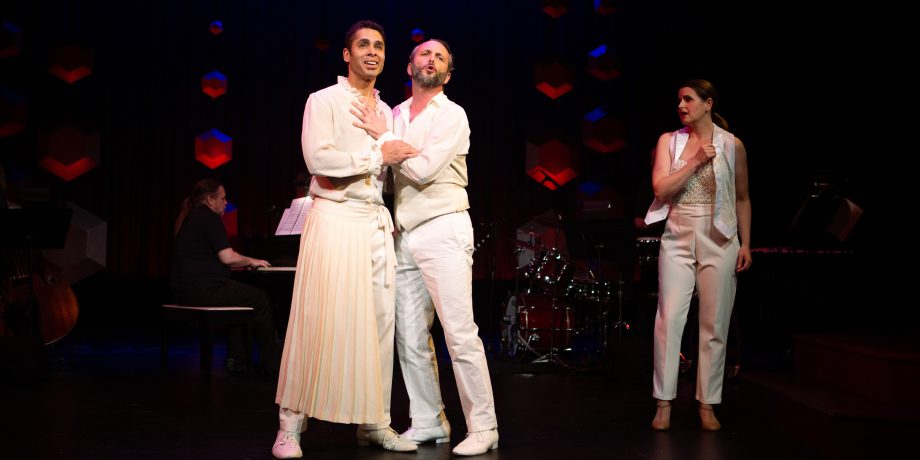 Keith Pinto*, Wilson Jermaine Heredia*, and Melissa WolfKlain* in Starting Here, Starting Now at San Francisco Playhouse. Keith Pinto*, Wilson Jermaine Heredia*, and Melissa WolfKlain* in Starting Here, Starting Now at San Francisco Playhouse.