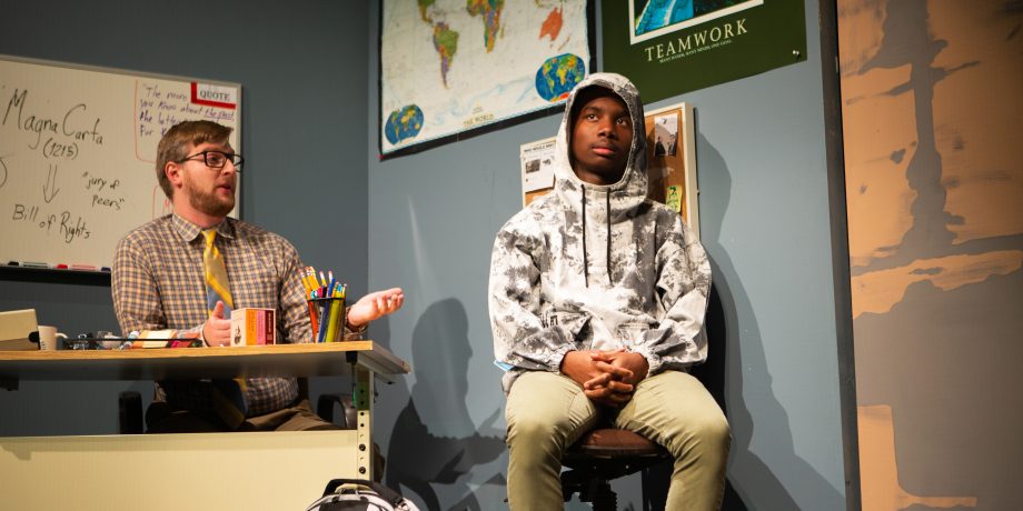 Jayden (Leon Jones) meets with his teacher, Mr. Adams (Adam KuveNiemann) in 'The Great Khan' by Michael Gene Sullivan at San Francisco Playhouse.