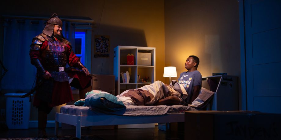 Temujin (Brian Rivera*) shows up unexpectedly and surprises Jayden (Leon Jones) in 'The Great Khan' by Michael Gene Sullivan at San Francisco Playhouse.