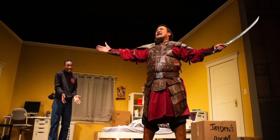 Temujin (Brian Rivera*) tells Jayden (Leon Jones) a story of conquest in 'The Great Khan' by Michael Gene Sullivan at San Francisco Playhouse.