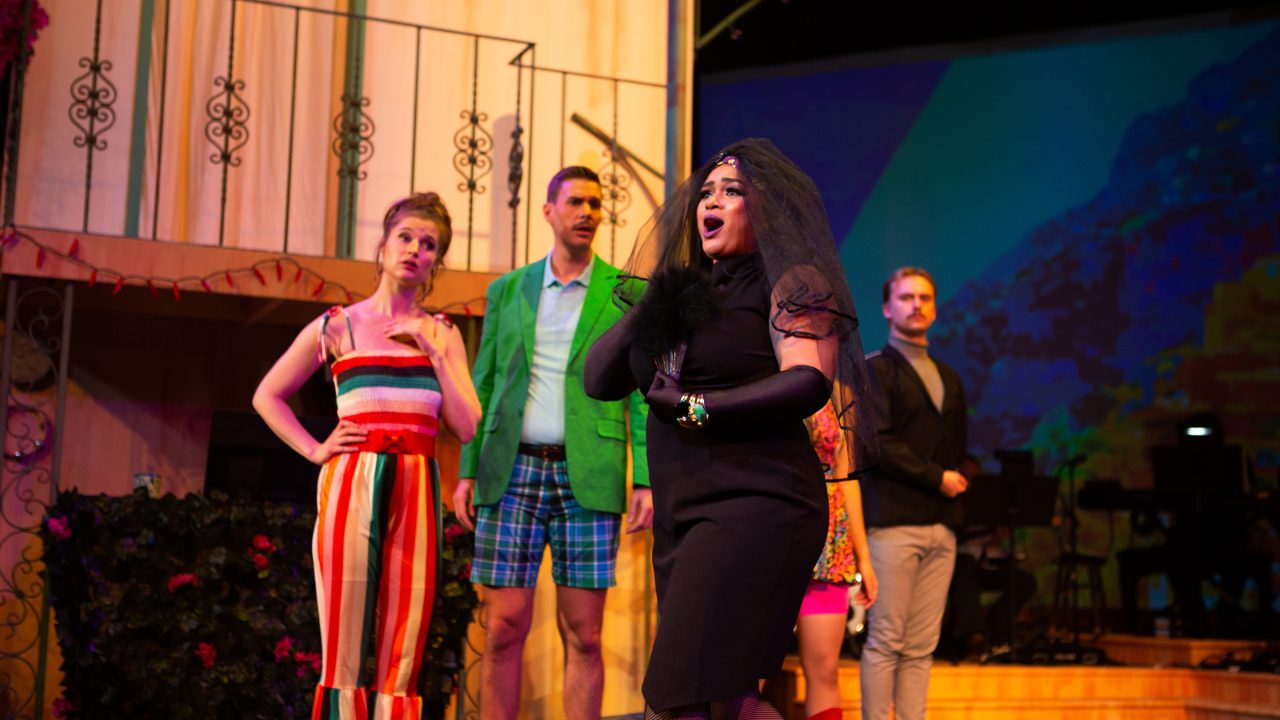 Olivia (Loreigna Sinclair*, front) mourns the death of her brother as onlookers (L-R: Amanda Farbstein, Caleb Haven Draper, Amanda Le Nguyen, and Atticus Shaindlin) watch in 'Twelfth Night' at San Francisco Playhouse.