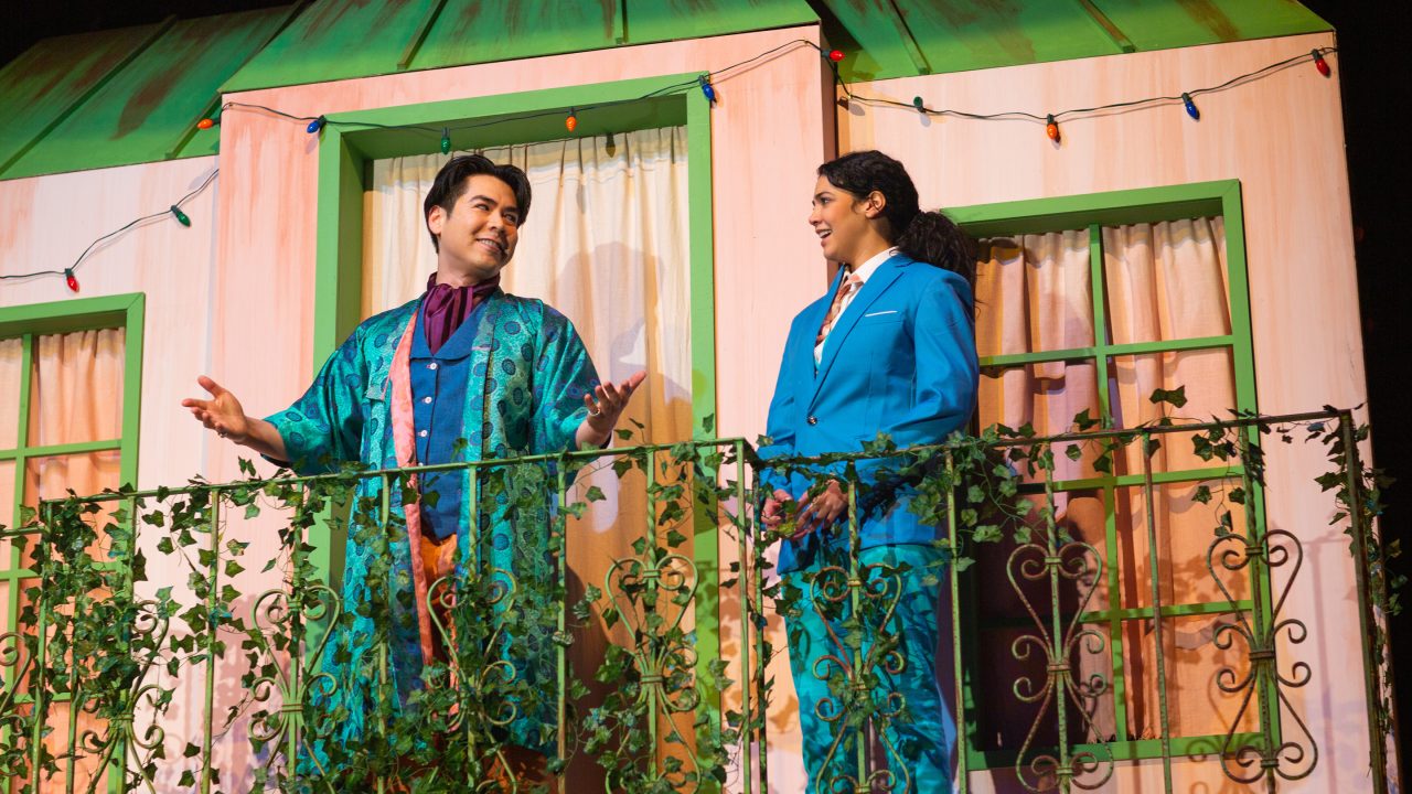 Disguised as a man in the far-away land of Illyria, Viola (Sophia Introna*, right), enters the employ of Orsino (Sean Fenton*) in 'Twelfth Night' at San Francisco Playhouse.