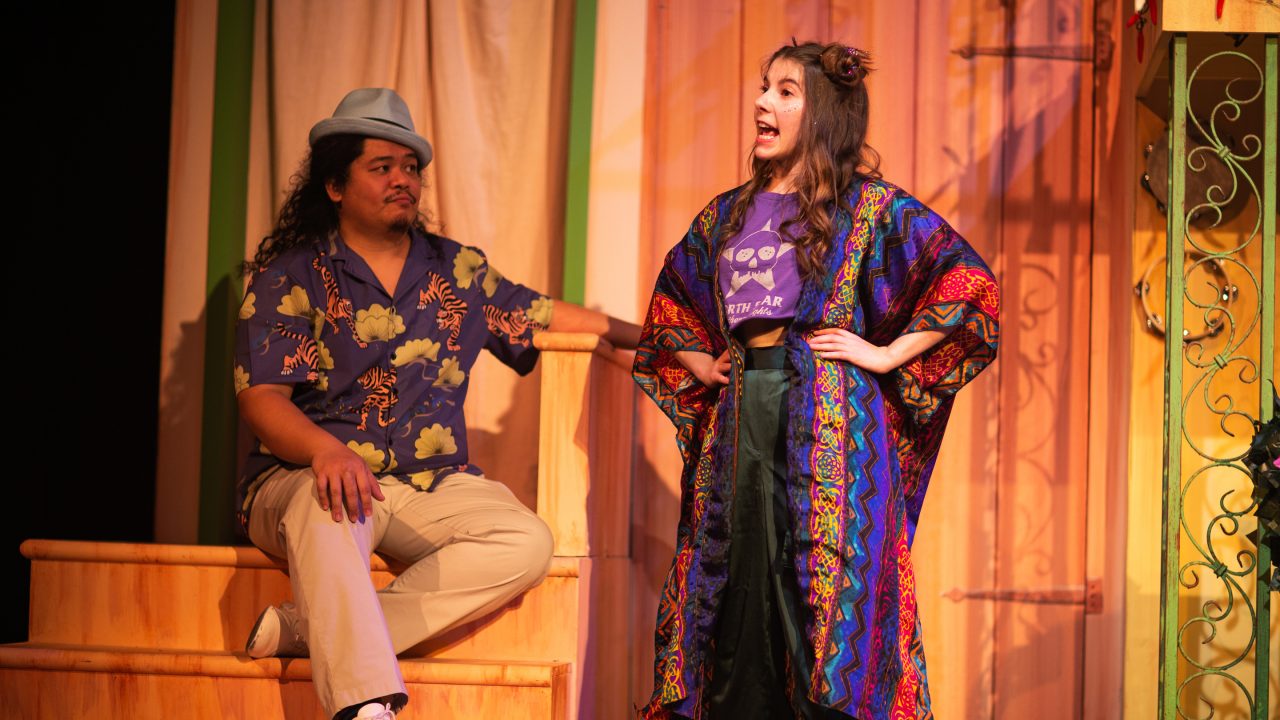 Feste (Sam Paley, right) offers foolery and wisdom to Fabian (Tasi Alabastro) in 'Twelfth Night' at San Francisco Playhouse.