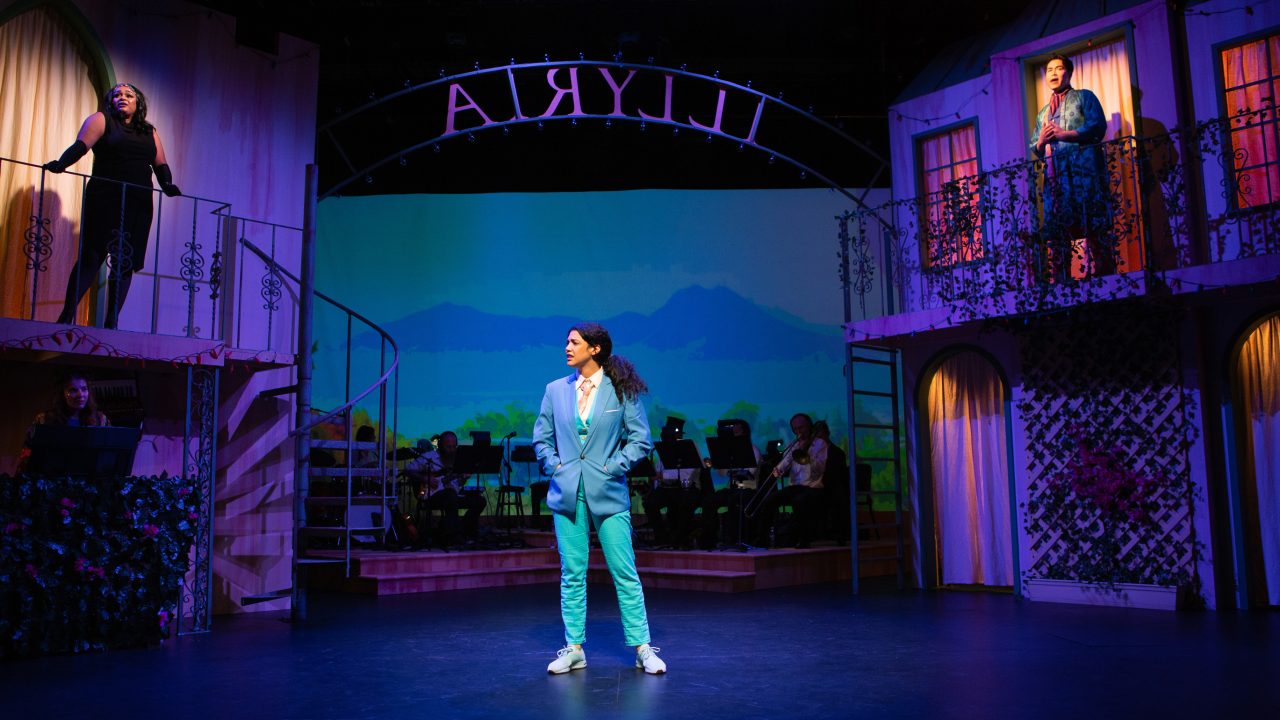 Viola (Sophia Introna*, center), disguised as a man named Cesario, falls in love with her new boss, Duke Orsino (Sean Fenton*, right). But Orsino is in love with Olivia (Loreigna Sinclair*, left), who has in turn fallen in love with Cesario in 'Twelfth Night' at San Francisco Playhouse.