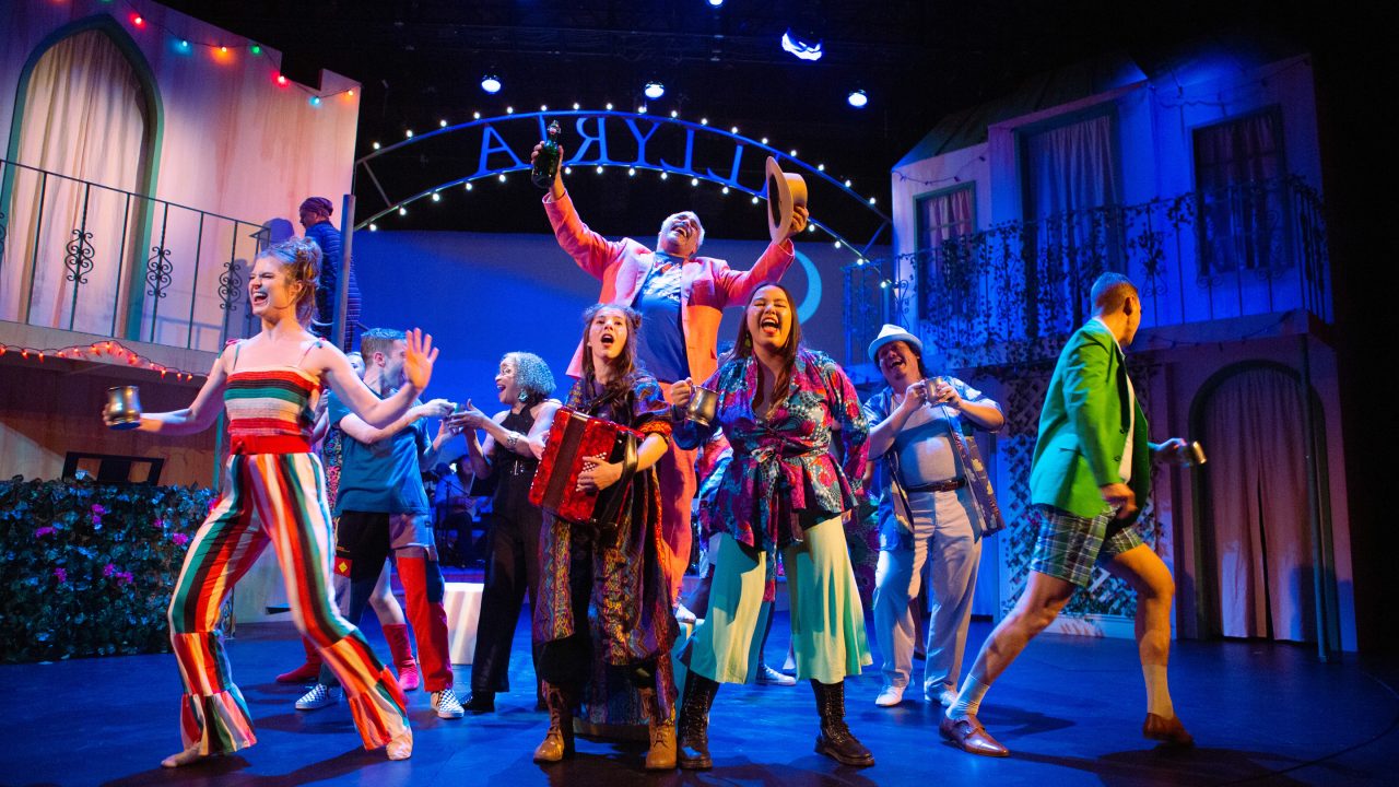 Sir Toby Belch (Michael Gene Sullivan*, center) revels with the ensemble of 'Twelfth Night' at San Francisco Playhouse (L-R: Amanda Farbstein*, Amanda Le Nguyen, Bear Manescalchi, Cathleen Riddley*, Sam Paley, Jamie Zee, Tasi Alabastro, and Caleb Haven Draper).