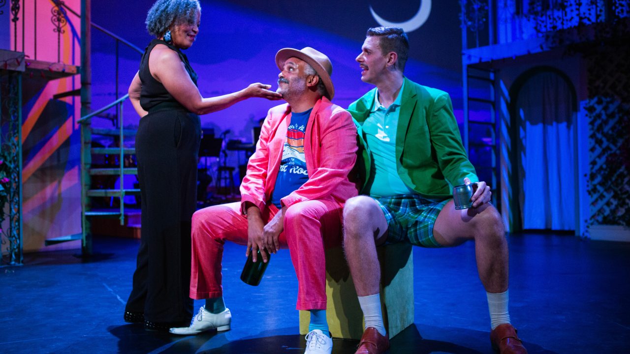 Maria (Cathleen Riddley*) bids Toby (Michael Gene Sullivan*) goodnight after they have hatched a plot with Andrew (Caleb Haven Draper) in 'Twelfth Night' at San Francisco Playhouse.