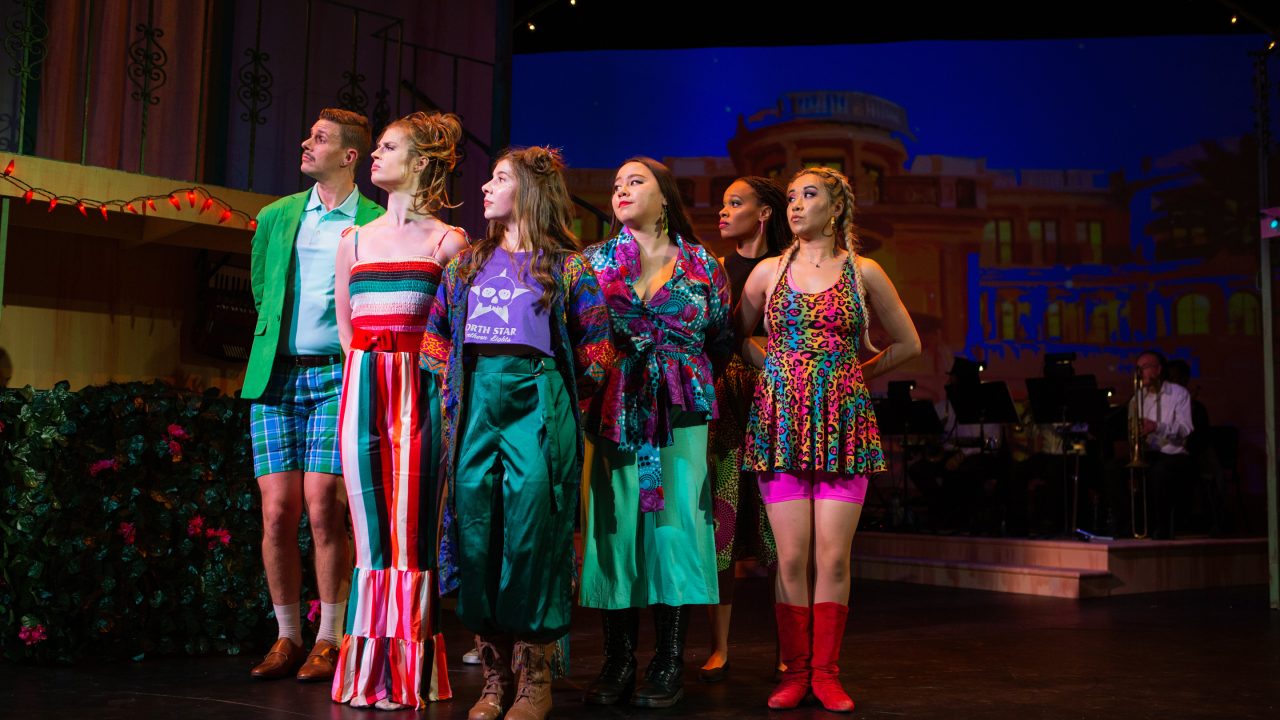 The ensemble in 'Twelfth Night' at San Francisco Playhouse (L-R: Caleb Haven Draper, Amanda Farbstein, Sam Paley, Jamie Zee, Tiana Paulding, and Amanda Le Nguyen).